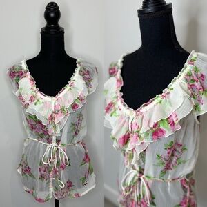 Hollister Sheer Floral White and Pink Blouse (M)